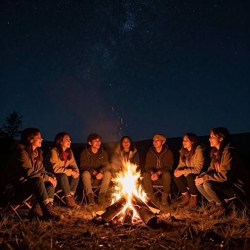 Photograph of seven smiling friends, sitting around a bright campfire at night, under a starry sky, wearing casual clothes.