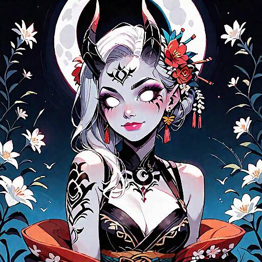 Moonlit Floral Kimono Demon Maiden