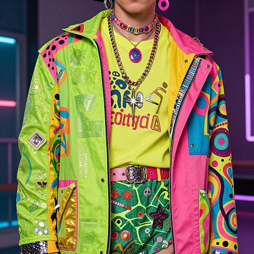 Vibrant fashion photograph: neon yellow shirt, pink and green jacket with colorful patterns, multicolored jewelry, 