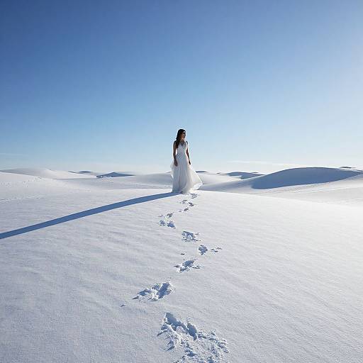Photograph of a bride in a white dress walking in a vast, snow-covered landscape with clear blue sky, leaving footprints behind her.