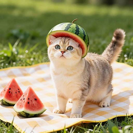 Adorable white and grey kitten wearing a watermelon hat, standing on a yellow-checkered blanket with watermelon slices in a sunny grassy field.