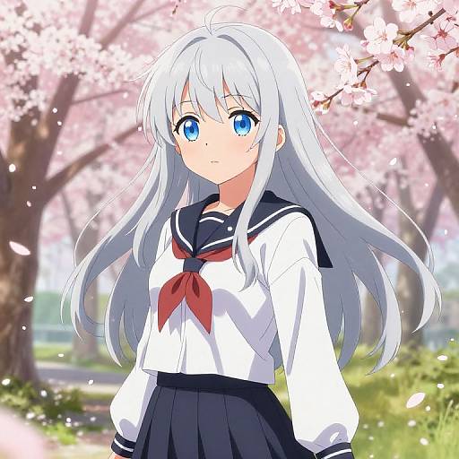 Anime-style drawing of a cute, blue-eyed girl with long white hair in a sailor school uniform, standing under cherry blossoms.