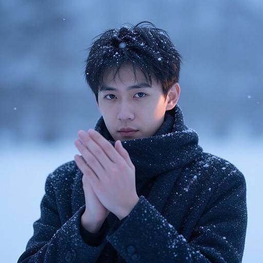 Photograph of a young Asian man with black hair, wearing a black coat, clasping his hands in front of him, standing in a snowy,