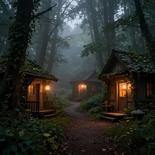 Photograph of a misty forest path leading to two glowing, wooden cabins with lanterns, surrounded by tall trees and dense foliage.