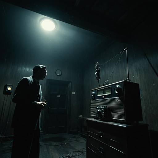 Silhouetted Man in Dark Room with Vintage Radio Transmitter