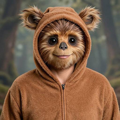 Photograph of a person wearing a realistic Chewbacca mask and brown hooded fleece, standing in a misty forest background.