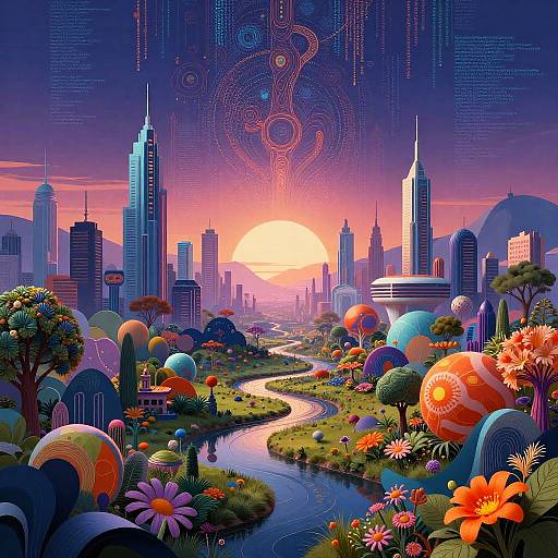 Vibrant digital art of a futuristic cityscape at sunset, featuring colorful spherical buildings, glowing flowers, and a winding river, with neon patterns above
