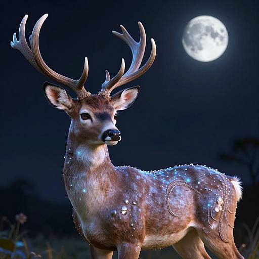 Photorealistic CGI of a glowing, silver-decorated deer with large antlers, standing under a bright full moon in a dark, starless