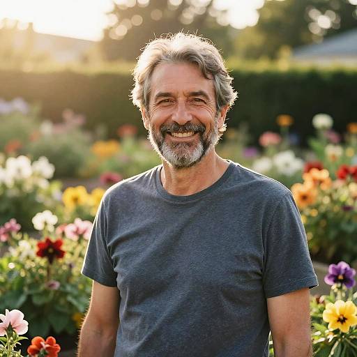 Photograph of a smiling middle-aged man with gray hair and beard, wearing a gray t-shirt, standing in a colorful garden with blooming flowers and