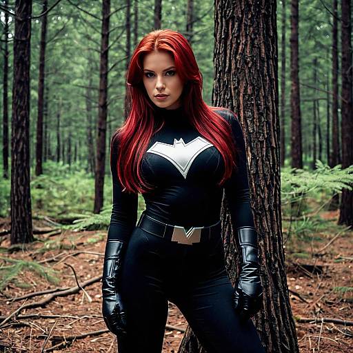 Woman in Black Superhero Costume with Red Hair in Forest