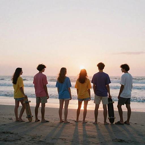 Photograph of six children, silhouetted against a sunset beach, wearing colorful T-shirts and shorts, standing in a line, holding skateboards