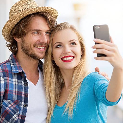 Photograph of a smiling, blonde-haired woman in a blue top taking a selfie with a bearded man in a straw hat and plaid shirt.