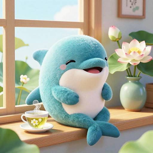 Whimsical Turquoise Dolphin with Tea