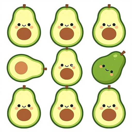 Cartoon illustration of nine smiling, blushing, and open-mouthed fruit characters: six yellow-green pears and three green avocados, each
