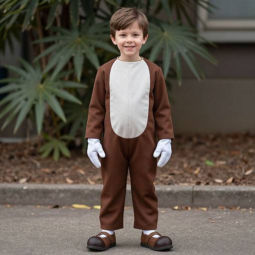 Photograph of a smiling young boy in a brown and white onesie, white gloves, and brown shoes, standing outdoors with green plants in the background