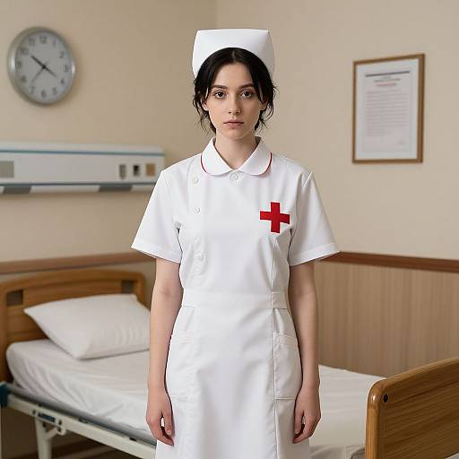 Photorealistic CGI of a young woman with pale skin and dark hair, wearing a white nurse uniform with a red cross, standing in a hospital room