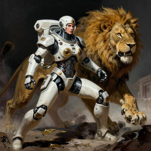 Digital artwork of a white-armored humanoid warrior with a helmet standing beside a fierce, roaring lion in a dark, dusty landscape.