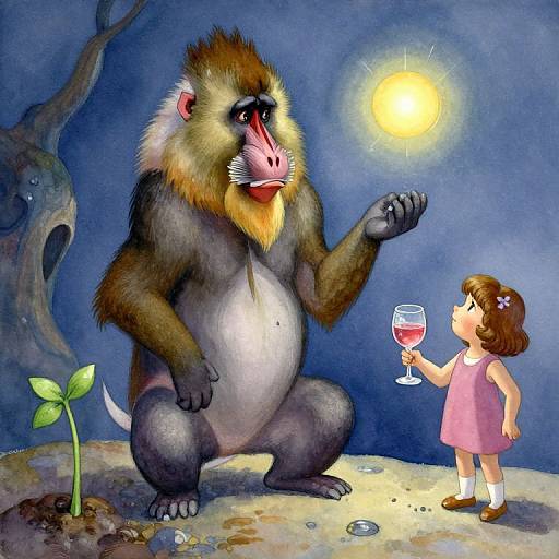 Watercolor illustration of a child in a pink dress offering a glass of wine to a large, thoughtful mandrill under a moonlit night sky.
