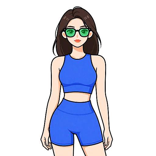 Digital drawing of a fair-skinned woman with dark brown hair, green glasses, and blue sports bra and shorts, standing against a white background.