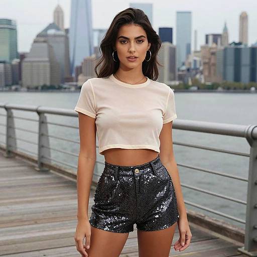 Sexy Woman on Pier with Cityscape