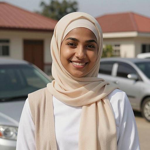 Smiling Woman in Beige Hijab Outdoors