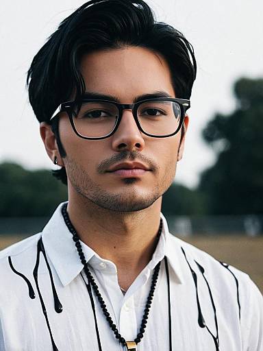 Young man in white drip outfit with glasses