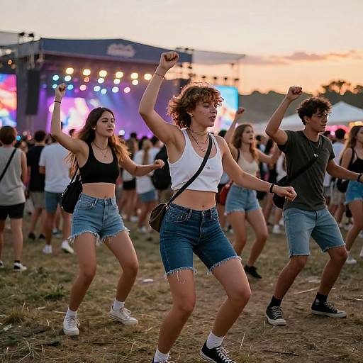 Photograph of a lively outdoor concert, featuring three young people dancing energetically in the foreground, with colorful stage lights and a crowd in the background