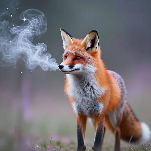 Photograph of a red fox with vivid orange fur and white underbelly, standing in a blurred forest, exhaling a mystical, white smoke.