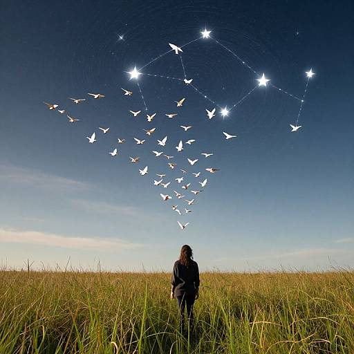 Photograph of a person in black standing in tall grass, gazing at a sky filled with white birds and bright stars forming a constellation.