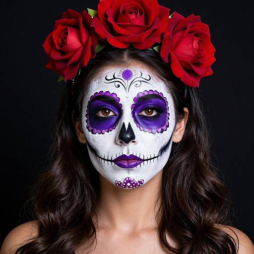 Photograph of a woman with white face paint, purple eye sockets, black nose, purple lips, wearing red flower crown, against black background.