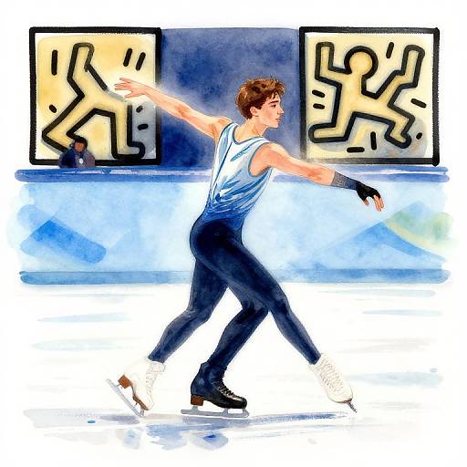 Watercolor-style digital painting of a male ice skater in a white tank top and black pants, extending arms mid-spin, with abstract yellow and black