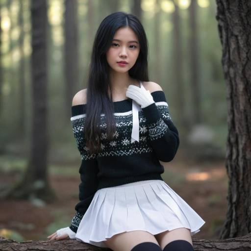 Young Woman in Forest Wearing Off-Shoulder Sweater