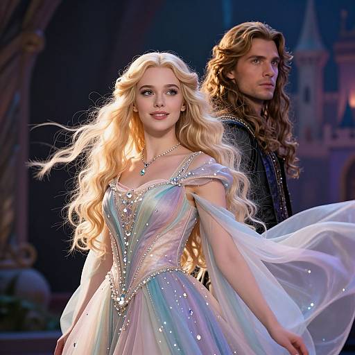 Photograph of a fair-skinned blonde woman with long, wavy hair in a shimmering, off-shoulder, iridescent gown,