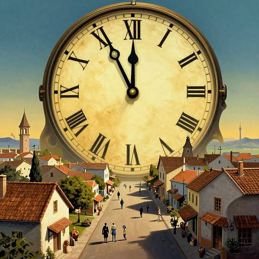 Digital artwork of a giant clock face looming over a quaint, sunlit European village with red-roofed houses and people strolling. Clock hands show