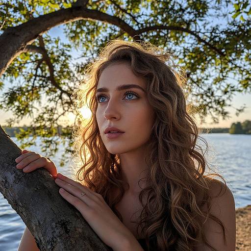 Photograph of a fair-skinned woman with long, wavy brown hair and blue eyes, holding a tree branch by a sunlit lake.