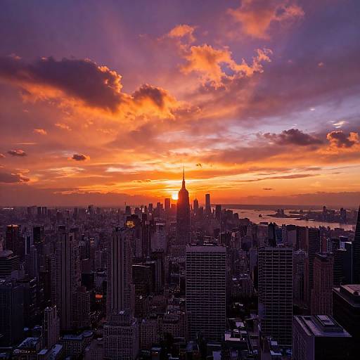 Photograph of a vibrant sunset over New York City's skyline, with the Empire State Building silhouetted against a colorful, orange and purple sky