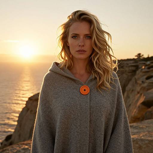 Photograph of a blonde woman with wavy hair, wearing a gray woolen coat with an orange button, standing at a rocky coastal sunset.