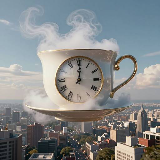 Photograph of a giant, steam-puffing teacup with a clock on it, hovering above a cityscape under a clear blue sky.