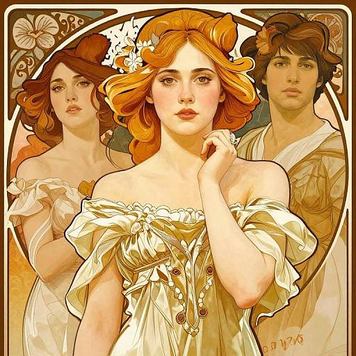 Digital art of three fair-skinned, ethereal women with flowing hair and classical dresses; central figure with orange curls, background figures with brown hair,