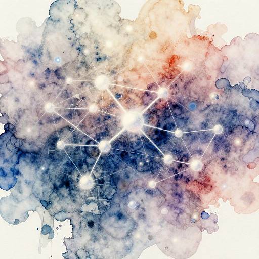 Digital watercolor-style image of a star constellation with bright white stars connected by lines, set against a textured, cloudy background of blue, white, and