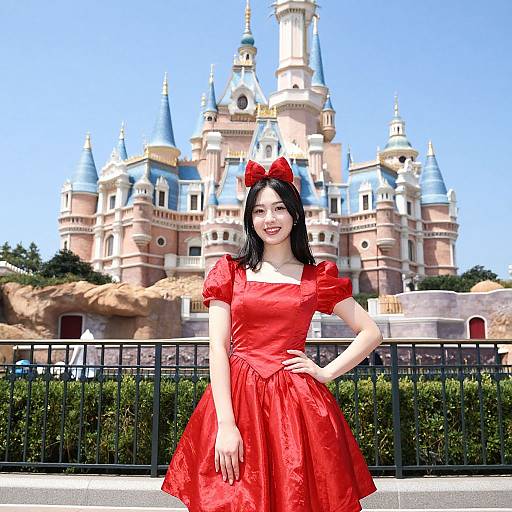 Photograph of a smiling Asian woman with black hair, wearing a red dress and bow, standing in front of a colorful castle backdrop. Bright daylight,