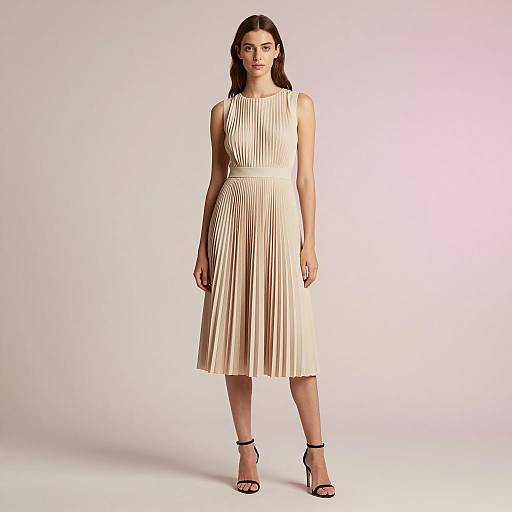 Elegant Sleeveless Beige Pleated Midi Dress