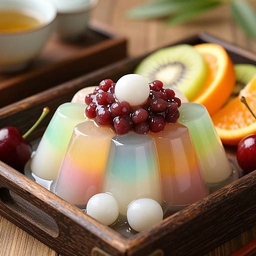 Photograph of a colorful, translucent dessert topped with red grapes, white sphere, and cherries, set in a wooden tray with orange and green fruit