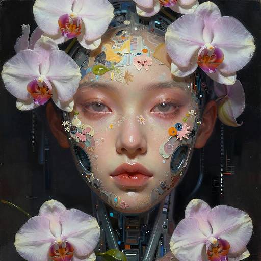 Cyberpunk Biomechanical Face with Orchids