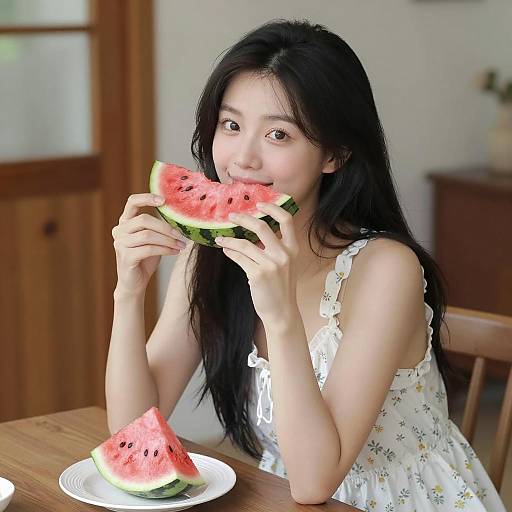 Asian woman eating watermelon slice