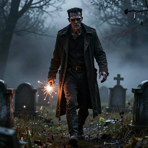 Frankenstein's Monster in Misty Graveyard