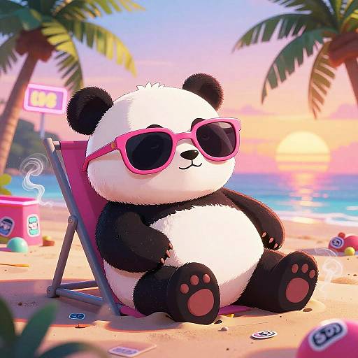 Digital illustration of a cute, chubby panda in pink sunglasses, sitting on a beach chair, with palm trees, sunset, and drink.