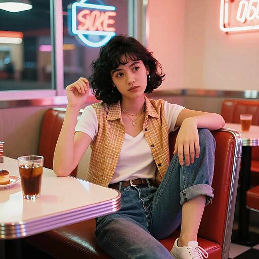 Photograph of a young woman with curly black hair, wearing a checkered vest, white shirt, and blue jeans, sitting in a retro diner with