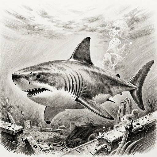 Black-and-white ink drawing of a massive, fierce shark breaching an underwater cityscape with lightning, ruins, and debris in the background.
