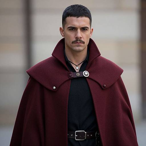 Photograph of a serious, dark-haired man with a mustache wearing a deep red cloak over a black shirt, standing in front of a blurred,